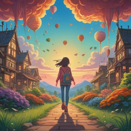 A whimsical illustration of a person joyfully walking under a bright, sunny sky, holding a vibrant lucky charm in one hand, colorful flowers surrounding them, a sense of renewal and optimism in the air, cheerful expression, detailed background with blue skies and fluffy clouds, 4k, vibrant colors