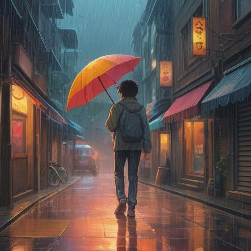 A whimsical scene depicting a person discovering a colorful lost umbrella in a rain-soaked street, vibrant raindrops splashing around, soft light breaking through the clouds, the character holding the umbrella with a surprised expression, the background filled with blooming flowers symbolizing new beginnings, a sense of swirling luck and fortune, enchanting atmosphere, dreamlike quality, 4k