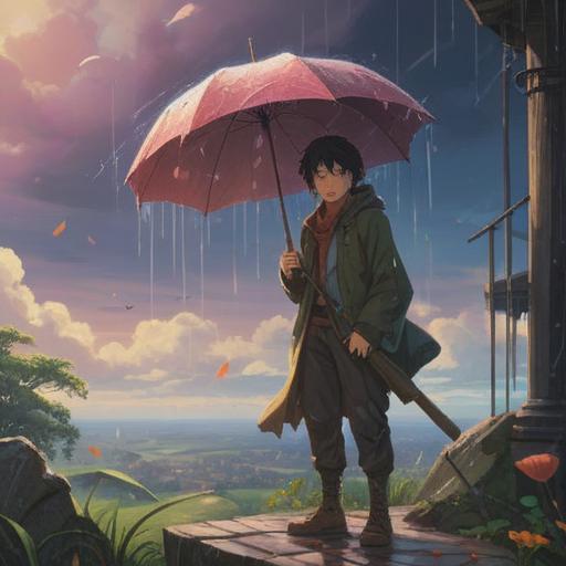 A serene illustration of a shattered umbrella, symbolizing the release of old burdens, surrounded by ethereal light, soft clouds, gentle rain falling, a pathway leading to a tranquil garden, vibrant flowers blooming, symbolizing renewal and growth, reflective water puddles, peaceful ambiance, 4k