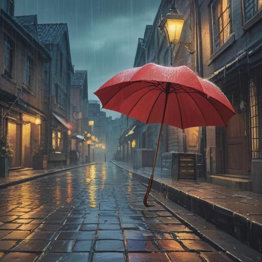 A serene and mystical scene featuring a broken umbrella lying on a wet cobblestone street, soft raindrops cascading down, ethereal light illuminating the surroundings, a gentle mist rising, hints of colorful auras swirling around, symbolizing spiritual awakening and good omens, tranquil atmosphere, dreamy and reflective mood, high detail and vibrant colors