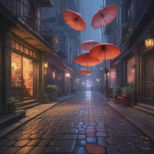 A mystical scene depicting broken umbrellas scattered on a cobblestone street, ethereal light illuminating the shards, symbolic representations of spiritual signs in the background, dreamy atmosphere, gentle rain falling, reflective puddles capturing the essence of change, subtle colors conveying emotional depth, inviting contemplation, 4k