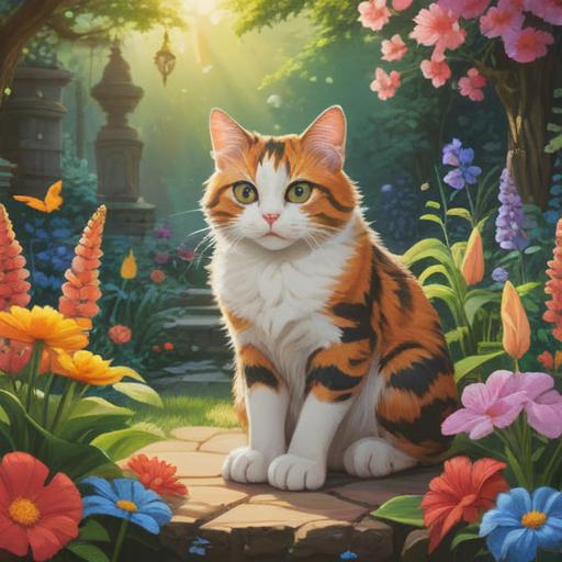 A mystical scene featuring a calico cat sitting calmly in a serene garden, surrounded by colorful flowers and gentle sunlight, symbolizing spiritual guidance and harmony, intricate patterns in the fur, ethereal glow around the cat, peaceful ambiance, inspiring connection to nature, 4k