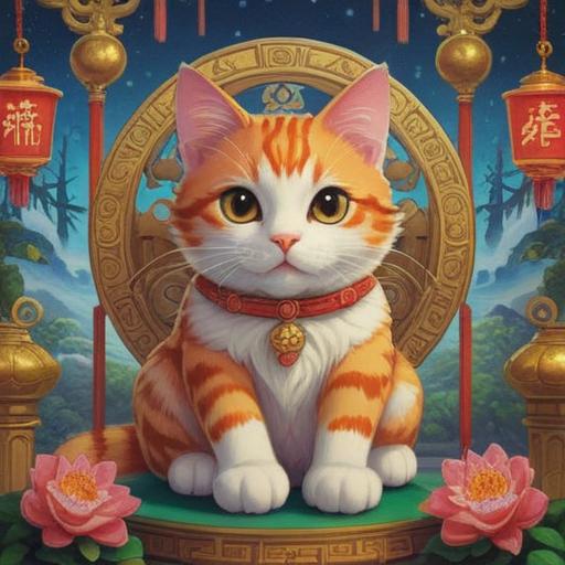 A spiritual illustration featuring a calico cat, surrounded by ethereal light, symbols of good fortune like Maneki-neko, serene background with soft gradients, nature elements such as flowers and trees, peaceful ambiance, captivating eyes, mystical aura, 4k