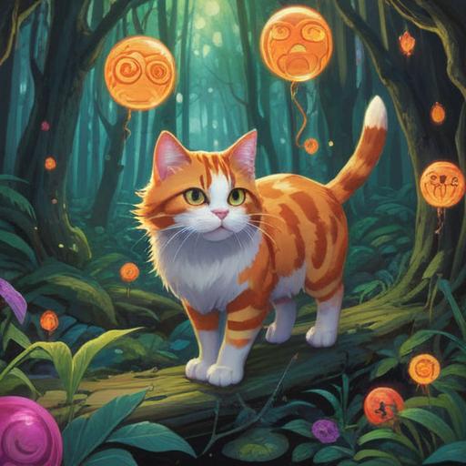 A captivating illustration of a calico cat appearing in a mystical forest, surrounded by glowing orbs of light, symbolic spiritual signs in the background, ethereal atmosphere, vibrant colors, detailed foliage, serene and enchanting mood, 4k