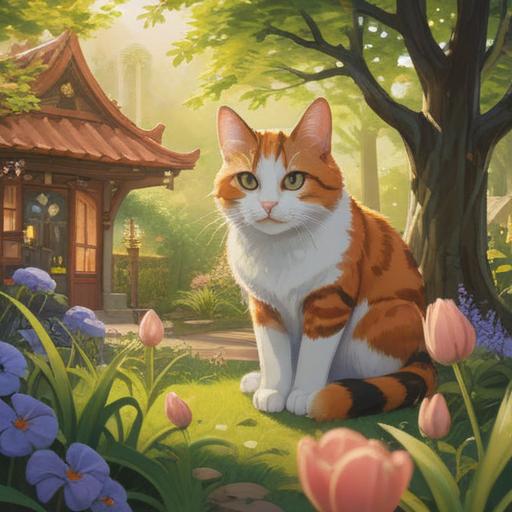 A charming scene depicting a calico cat, vibrant colors, lucky symbols surrounding the cat, serene garden setting, sunlight filtering through trees, playful atmosphere, soft petals scattering around, detailed fur textures, uplifting mood, 4k