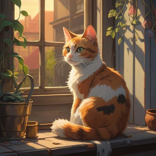A reflective scene featuring a calico cat sitting gracefully on a windowsill, sunlight streaming through the window creating a warm glow, surrounded by colorful crystals and plants, embodying spiritual energy and tranquility, a sense of harmony and connection with nature, detailed expressions on the cat’s face, evoking feelings of peace and enlightenment, 4k