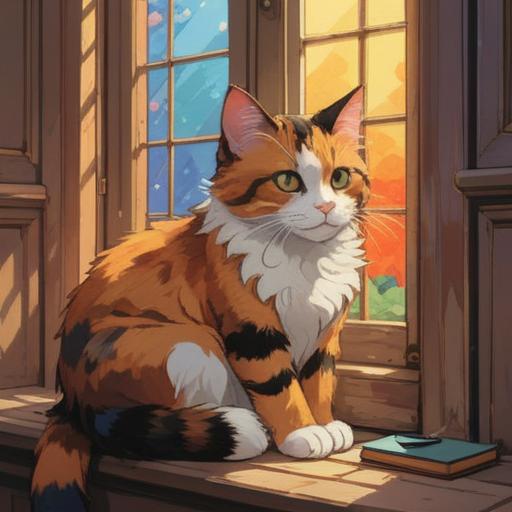 A calico cat sitting peacefully in a sunlit window, vibrant colors reflecting its unique fur patterns, surrounded by gentle ethereal light, symbols of good fortune like coins and lucky charms nearby, serene atmosphere, soft focus on the cat's wise eyes, magical essence, harmonious balance, inviting peace and tranquility