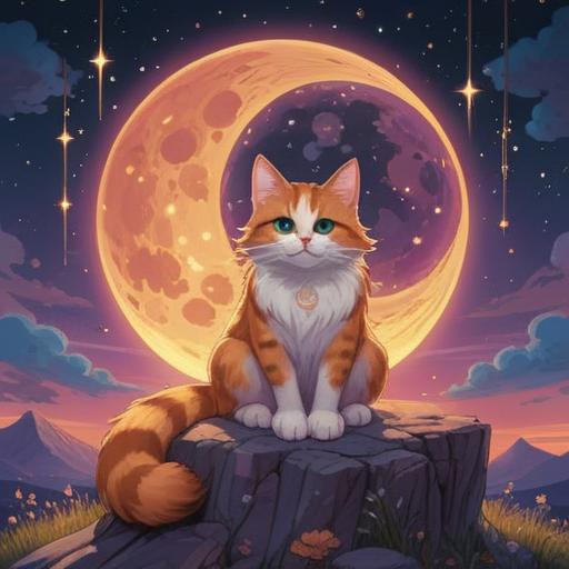 A mystical scene featuring a calico cat sitting gracefully under a full moon, surrounded by shimmering stars, ethereal light illuminating its fur, symbolizing spiritual guidance, intricate patterns in the night sky, serene atmosphere, capturing the essence of intuition and spiritual signs, 4k