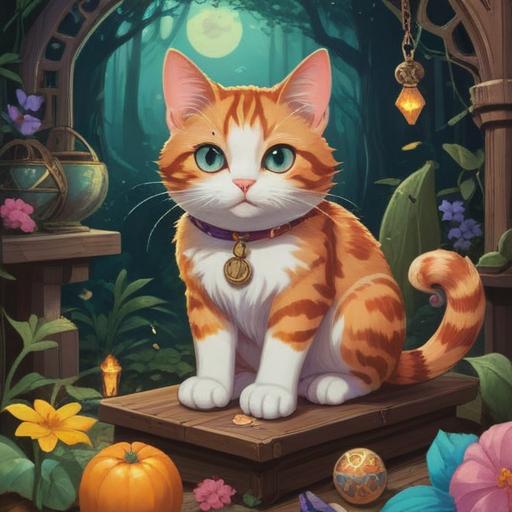 A lucky item inspired by a calico cat encounter, featuring a vibrant calico cat sitting gracefully, surrounded by charms and symbols of good fortune, such as a lucky cat figurine, coins with auspicious inscriptions, and a backdrop of blooming flowers, warm sunlight filtering through, inviting atmosphere, detailed textures, 4k