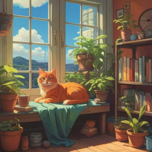A cozy living room filled with sunlight, a tricolor cat lounging peacefully on a windowsill, plants thriving in colorful pots, small charms symbolizing energy like crystals and candles, a serene atmosphere promoting relaxation and positive energy, warm wooden furniture, soft textiles, vibrant colors, inviting and harmonious space, 4k