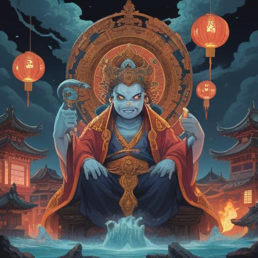 A serene and mystical scene depicting Sanmen Daikokuten, the deity with three faces symbolizing wealth and happiness, surrounded by vibrant auspicious symbols, deep spiritual atmosphere, intricate details representing prosperity and fortune, rich colors reflecting harmony, traditional Japanese elements, peaceful expression, 4k