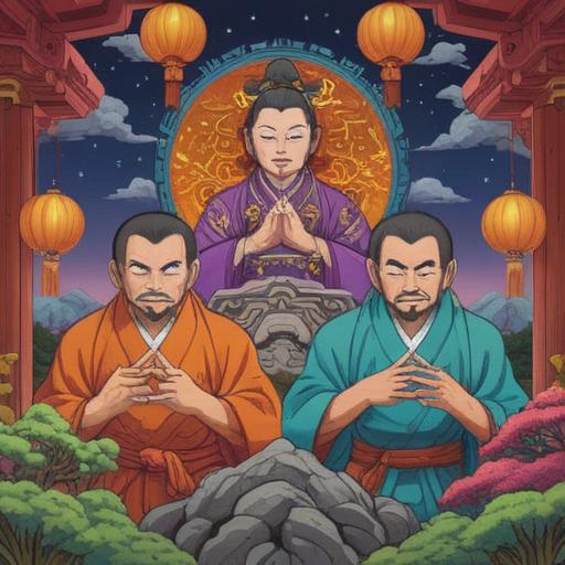 A serene illustration of Sanmen Daikokuten, symbolizing spiritual blessings, depicted with three faces representing wisdom, joy, and fortune, surrounded by auspicious symbols like rice bales and lucky charms, a tranquil landscape in the background, warm and inviting colors, a sense of peace and prosperity, 4k