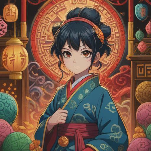 A vibrant illustration of the Three-Faced Daikokuten, surrounded by traditional lucky charms, intricate patterns, an aura of prosperity and fortune, showcasing a serene yet powerful expression, colorful textile details, harmonious composition, cultural motifs, rich textures, 4k