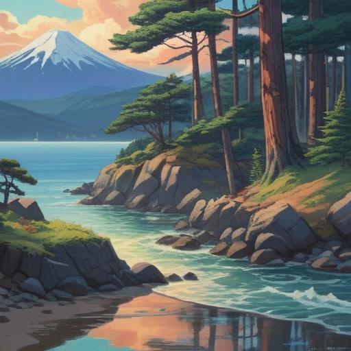 A serene landscape of Miho no Matsubara, majestic pine trees along the shoreline, Mount Fuji in the background, a tranquil sea reflecting the sky, symbolism of spirituality and connection to nature, peaceful atmosphere, harmony between land and water, soft lighting, 4k