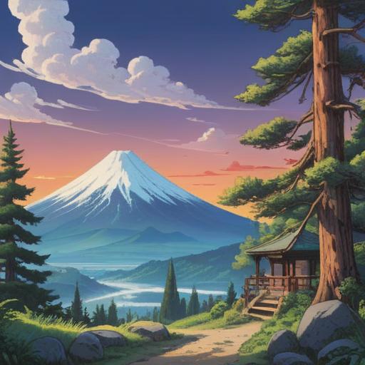 A serene landscape illustration of Miho no Matsubara, featuring a majestic view of Mount Fuji in the background, lush pine trees lining the shore, calm waves gently lapping at the beach, a clear blue sky with soft clouds, spiritual symbols subtly integrated in the scene, harmonious atmosphere, tranquility and positivity radiating from the landscape, 4k