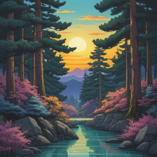 A serene landscape of Miho no Matsubara, spiritual signs subtly integrated into the scenery, pine trees swaying gently in the breeze, Mount Fuji in the background, crystal-clear waters of Suruga Bay, clouds floating peacefully, a sense of tranquility, vibrant colors, harmonious atmosphere, inviting pathway for exploration, 4k