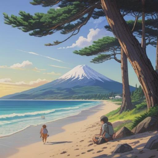 A serene coastal scene at Miho no Matsubara, beautiful pine trees lining the beach, a distant view of Mt. Fuji, people enjoying the scenery, capturing a lucky moment, vibrant sky during sunset, gentle waves lapping at the shore, warm colors, 4k