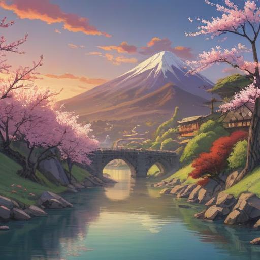 A serene landscape of Shizuoka, lush green mountains, tranquil rivers, cherry blossom trees in bloom, a peaceful sunset illuminating the scenery, animals in their natural habitat, an inspiring atmosphere, reflections on the water, hints of wisdom in nature, vibrant colors, high detail