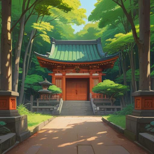 A serene and mystical scene at Mishima Taisha Shrine, lush green surroundings, traditional Shinto architecture, sunlight filtering through trees, ethereal ambiance, spiritual symbolism, visitors meditating, floating spirits, harmony with nature, 4k