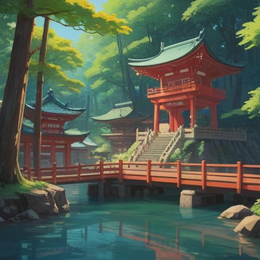 A serene landscape featuring the sacred Mishima Taisha shrine, surrounded by lush forests, tranquil water reflecting the shrine's beauty, ethereal light filtering through the trees, vibrant seasonal flowers, a sense of calm and spirituality, inviting atmosphere, people meditating near the shrine, 4k