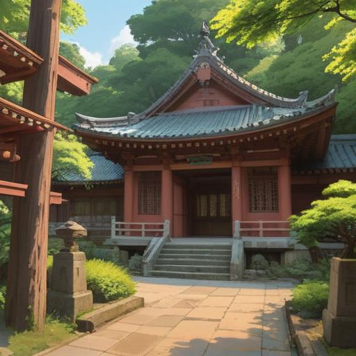 A serene scene at Mishima Taisha, Japanese shrine surrounded by lush greenery, ethereal light filtering through the trees, traditional architecture of the shrine, presence of symbolic elements like torii gates and sacred water, visitors observing nature with mindfulness, subtle spiritual signs in the atmosphere, tranquil and contemplative mood, 4k