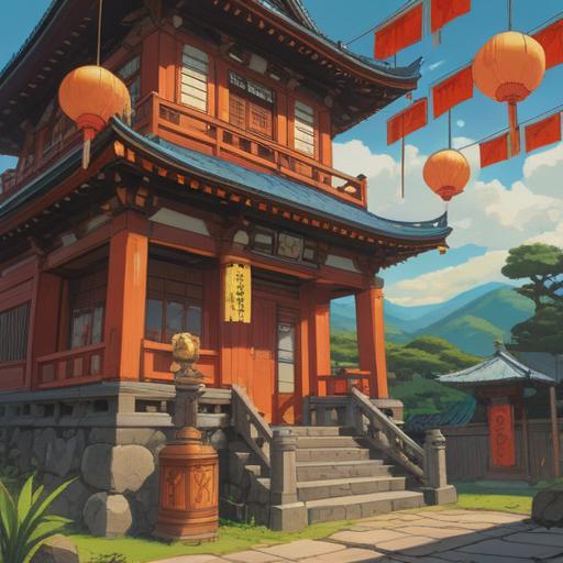 A vibrant illustration depicting lucky items connecting to Mishima Taisha, traditional Japanese symbols of fortune, intricate details of amulets and talismans, lush greenery surrounding the shrine, peaceful atmosphere, soft sunlight filtering through the trees, inviting visitors to explore, harmonious blend of nature and spirituality, 4k