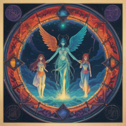 A mystical illustration depicting the concept of spiritual signs from the trinity, vibrant colors, intricate symbols representing unity, ethereal light glowing around three interconnected entities, serene background with a starry sky, harmonious and uplifting atmosphere, detailed character expressions reflecting enlightenment, 4k