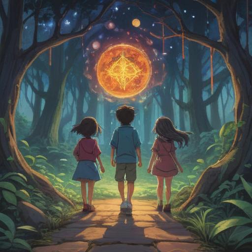 A serene and mystical depiction of three children, each representing a distinct phase of life, surrounded by ethereal light, symbolic elements showcasing wisdom and growth, interconnected paths illustrating life choices, a peaceful landscape in the background, soft, dreamlike atmosphere, vibrant colors, 4k