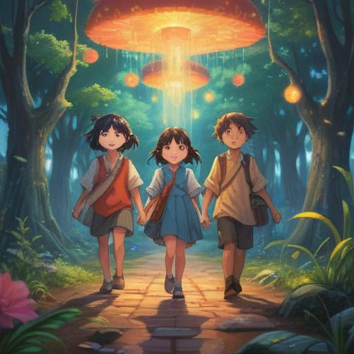 A serene and mystical landscape, three young children playing together, surrounded by ethereal light, symbols of spirituality floating in the air, vibrant nature, blooming flowers, harmonious connection, a sense of joy and unity, warm colors, enchanting atmosphere, 4k