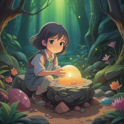 A serene scene depicting a lucky stone, glowing gently in a child's hand, surrounded by soft pastel colors, whimsical nature setting with flowers and butterflies, warm sunlight filtering through leaves, an aura of peace and childhood innocence, healing energy emanating from the stone, enchanting and magical, 4k