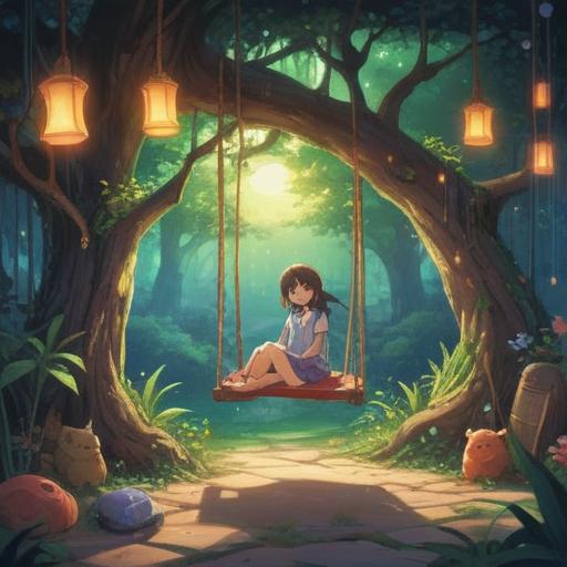 A serene illustration of a healing stone glowing softly, surrounded by childhood memories, playful elements like toys and a swing, gentle sunlight filtering through trees, a tranquil garden setting, lush greenery, feelings of nostalgia and warmth, inviting atmosphere, 4k