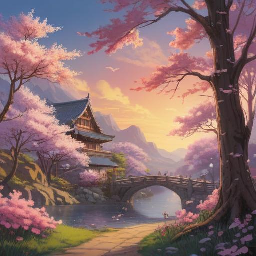 A serene landscape depicting cherry blossoms in full bloom, ethereal glowing light, tranquil atmosphere, harmony with nature, spiritual essence, meditative ambiance, gentle breeze, soft petals falling, vibrant colors, 4k