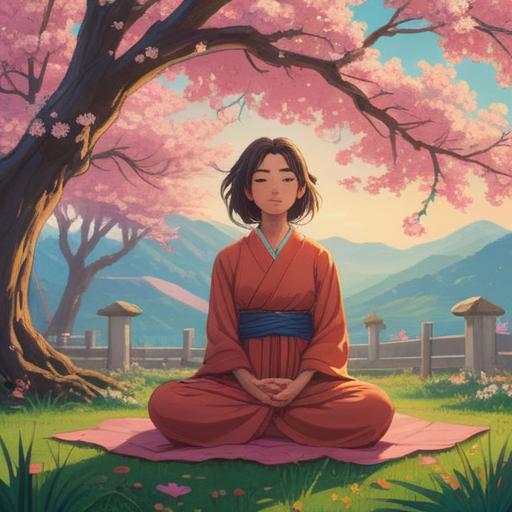 A serene illustration of cherry blossoms in full bloom, symbolic spiritual signs scattered among the petals, a woman meditating under the cherry trees, soft ethereal light illuminating her surroundings, peaceful atmosphere, nature's wisdom, detailed floral patterns, vibrant colors, calming energy, tranquility, 4k