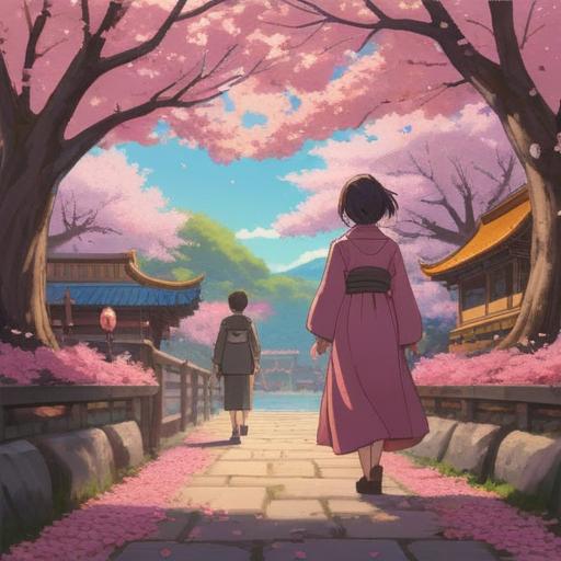 A serene and enchanting scene depicting a spiritual awakening under cherry blossom trees, vibrant pink sakura petals floating in the air, a radiant aura surrounding a figure experiencing a joyful moment, lucky symbols like four-leaf clovers and horseshoes subtly incorporated into the background, calming atmosphere, lush greenery, gentle sunlight filtering through the blossoms, 4k