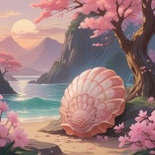 A serene illustration of a sakura shell, soft pink hues, surrounded by ethereal light, symbolizing spiritual awakening, gentle waves in the background, delicate petals falling, harmonious atmosphere, intricate details on the shell, tranquil zen garden setting, nature-inspired elements, peaceful ambiance, 4k