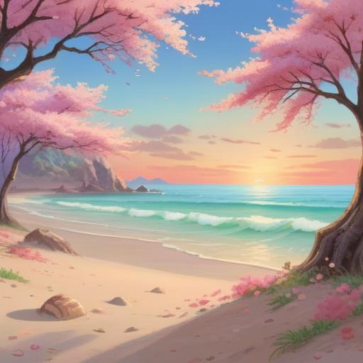 A serene and peaceful scene featuring a delicate sakura shell on a sandy beach, gentle waves in the background, soft pastel colors, ethereal lighting, representing spiritual symbols such as harmony and renewal, surrounded by blooming cherry blossoms, tranquil atmosphere, calming essence, 4k