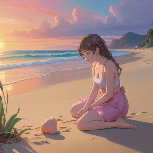 A serene beach scene, person kneeling by the shoreline, observing a beautiful pink seashell, ethereal light shimmering on the water, spiritual energy radiating from the seashell, soft waves gently lapping at the shore, a sense of connection with nature, abstract symbols glowing in the air, tranquility and introspection, 4k