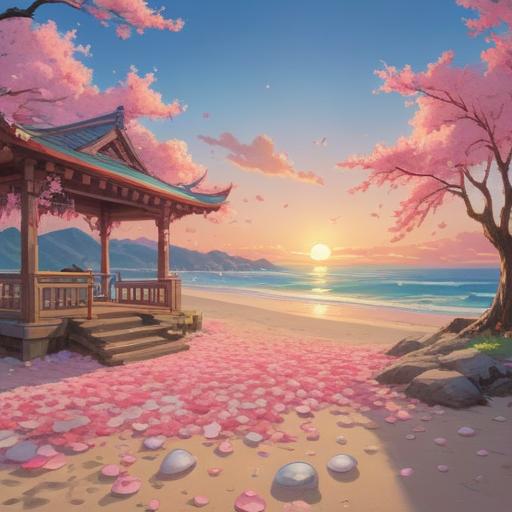 A picturesque scene showcasing the beauty of cherry blossom shells, vibrant pink and white petals scattered around, a serene beach setting at sunrise, gentle waves lapping at the shore, intricate textures of the shells, soft sand underfoot, delicate light illuminating the scene, tranquility and natural elegance, high-resolution detail