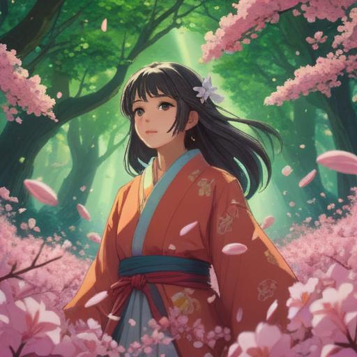 A serene scene with cherry blossom petals gently falling, a hidden spiritual symbol subtly woven among the petals, lush green background, ethereal light filtering through the trees, tranquil atmosphere, soft colors, inviting serenity, nature's beauty intertwined with mystical signs, 4k