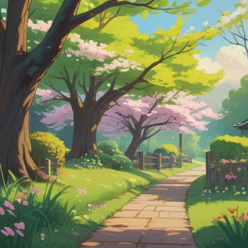 A serene spring scene, blooming cherry blossoms, fresh green leaves, gentle sunlight filtering through branches, a feeling of renewal and hope, people enjoying nature, soft breeze, colorful flowers, vibrant atmosphere, 4k