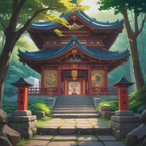 A serene and spiritual illustration of Satsuki-mairi, a traditional Japanese practice of visiting shrines on the first day of the month, featuring a tranquil shrine surrounded by lush greenery, a peaceful atmosphere, a person dressed in traditional attire offering prayers, soft sunlight filtering through the trees, symbolic elements such as omikuji and sakura blossoms, rich cultural details, 4k