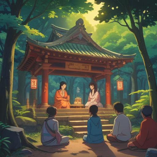 A serene illustration depicting a spiritual gathering at a shrine, participants observing rituals, gentle sunlight filtering through trees, subtle signs like fluttering leaves and animal behavior, harmonious atmosphere, deep connection with nature, spiritual energy all around, 4k