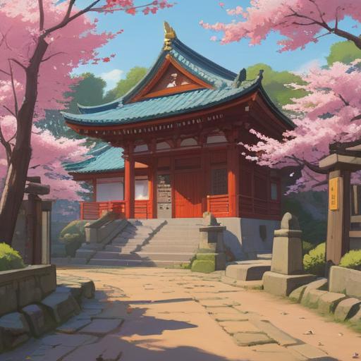 A serene illustration of a traditional Japanese shrine during the first day of the month, soft morning light filtering through cherry blossoms, people dressed in festive kimonos, offering prayers for good fortune, various lucky charms and talismans displayed at the shrine, detailed foreground with colorful decorations, peaceful atmosphere, cultures of Japan, 4k