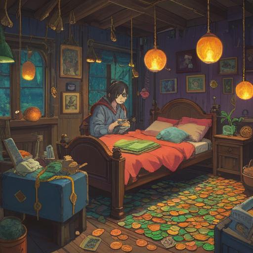 A vibrant illustration depicting a lucky charm found after losing a wallet, the charm radiating a warm glow, scattered coins and bills around, an expression of surprise and joy on a character's face, a bustling street scene in the background, hints of magical elements, bright colors, whimsical atmosphere, 4k