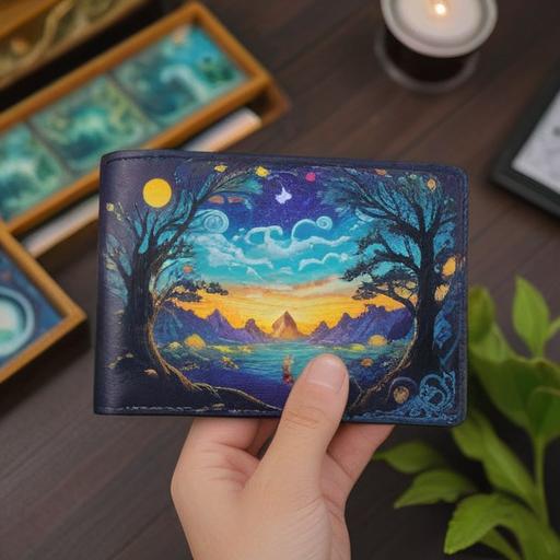 A spiritual and uplifting scene, a person joyfully receiving a beautifully crafted wallet as a gift, vibrant colors symbolizing positive energy, radiant light surrounding the wallet, expressive facial expressions conveying gratitude and happiness, subtle hints of fortune and prosperity in the background, serene environment, harmonious atmosphere, 4k