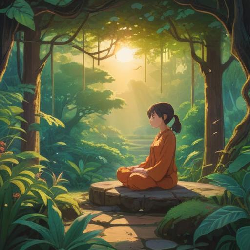 A serene lifestyle scene depicting positive energy and good fortune, warm sunlight filtering through lush greenery, a person meditating peacefully, symbols of prosperity like coins and lucky charms around, vibrant colors, inviting atmosphere, harmony with nature, inspirational elements, 4k