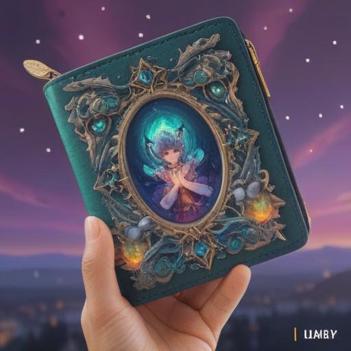 A captivating wallet nestled among vibrant crystals, ethereal light glowing around it, symbols of prosperity and abundance surrounding, serene and harmonious atmosphere, intricate patterns on the wallet, spiritual essence emanating, inviting energy, visually representing desire and aspiration, 4k