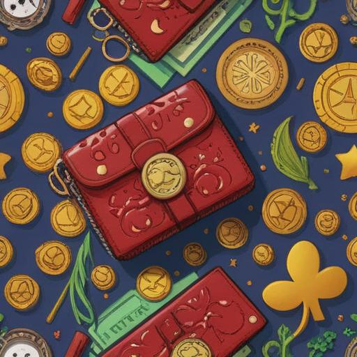 A vibrant illustration depicting various lucky items that inspire a desire for a new wallet, charm bracelets, golden coins, lucky four-leaf clovers, decorative keychains, stylish wallets in the background, an atmosphere of prosperity and good fortune, whimsical and colorful design, 4k