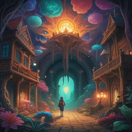 A surreal dreamscape depicting a wallet being stolen, vibrant colors, symbolic elements representing spiritual awakening, mystical atmosphere, ethereal light illuminating the scene, a blend of anxiety and hope, dreamlike characters observing the event, rich textures, 4k