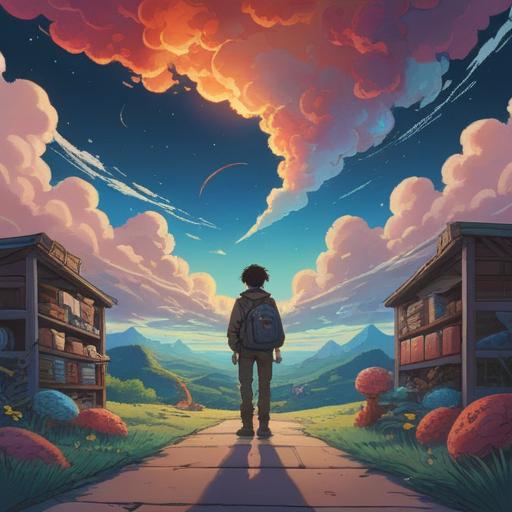 A serene dreamscape depicting a person searching for a lost wallet, ethereal clouds surrounding them, symbols of fear and anxiety represented through shadows, vibrant colors contrasting with dark elements, small spiritual symbols like feathers or light orbs present, dream-like atmosphere, evocative expressions, 4k